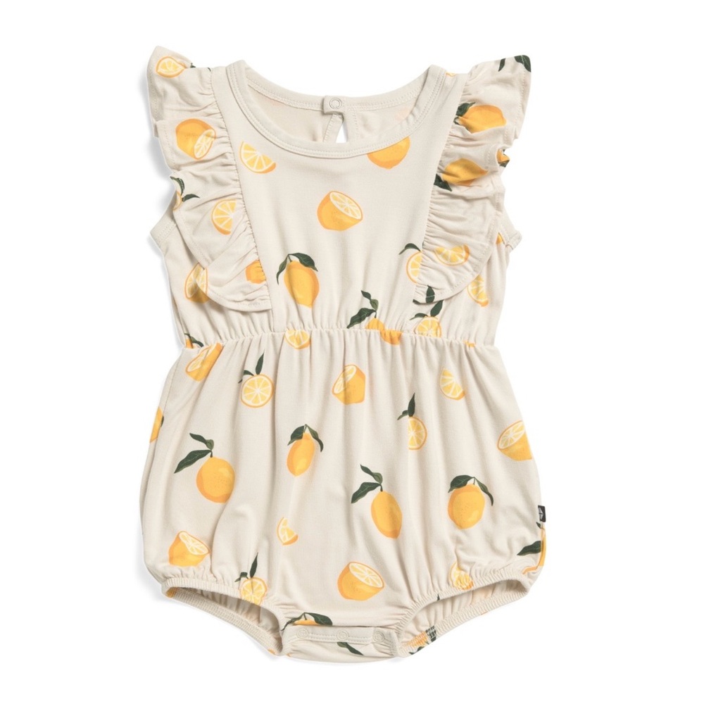 New Kyte BABY Lemon Print Ruffle Romper in Cream & Yellow